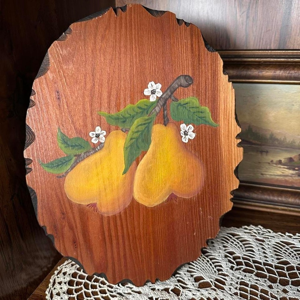 Vintage Hand Painted Pear Wood Plaque Wall Art Live Edge Rustic Cottagecore